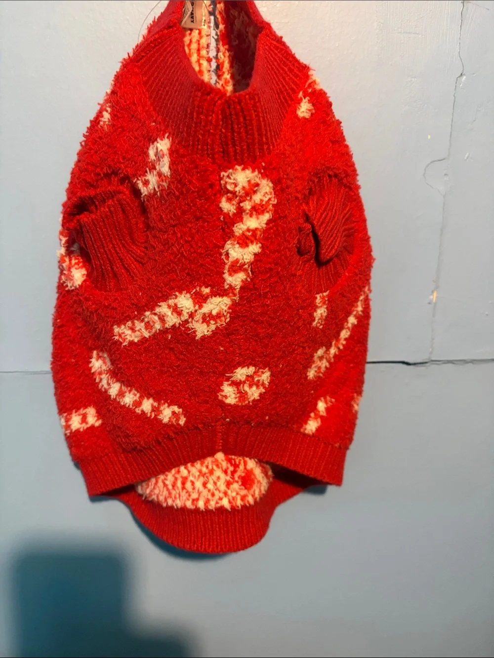 Old Navy Red Fuzzy Pet Sweater with White Candy Cane Pattern
